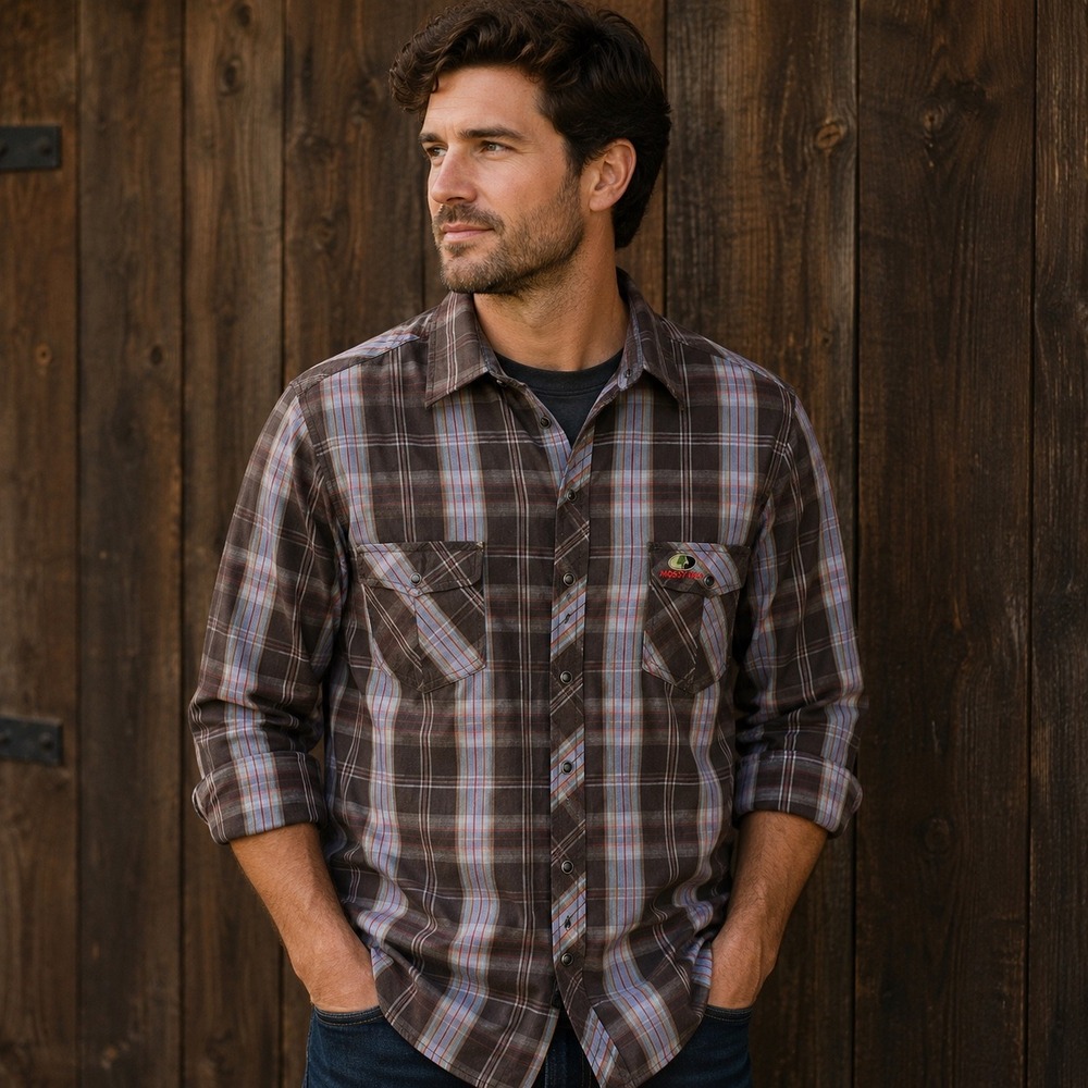 Mossy Oak Mens Brown Plaid Long Sleeve Snap Front Western Flannel Shirt XL